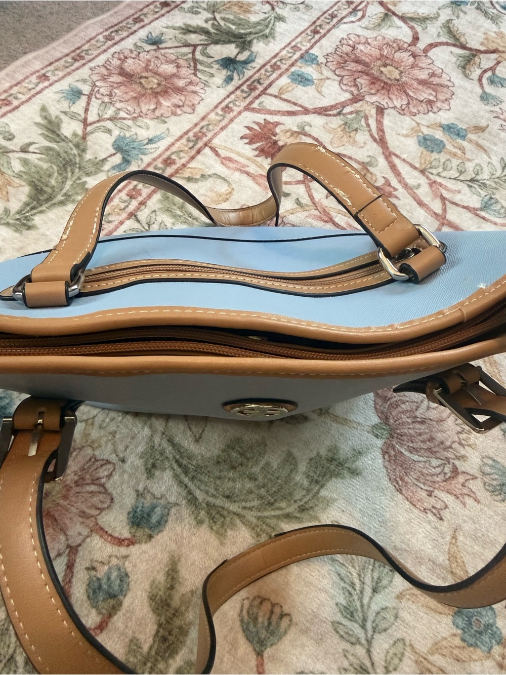 Light Blue and Tan Shoulder Tote with Circle Logo Accent - Picture 10 of 11